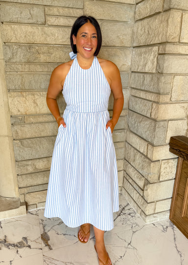 light blue and white vertical stripe halter midi dress tie neck