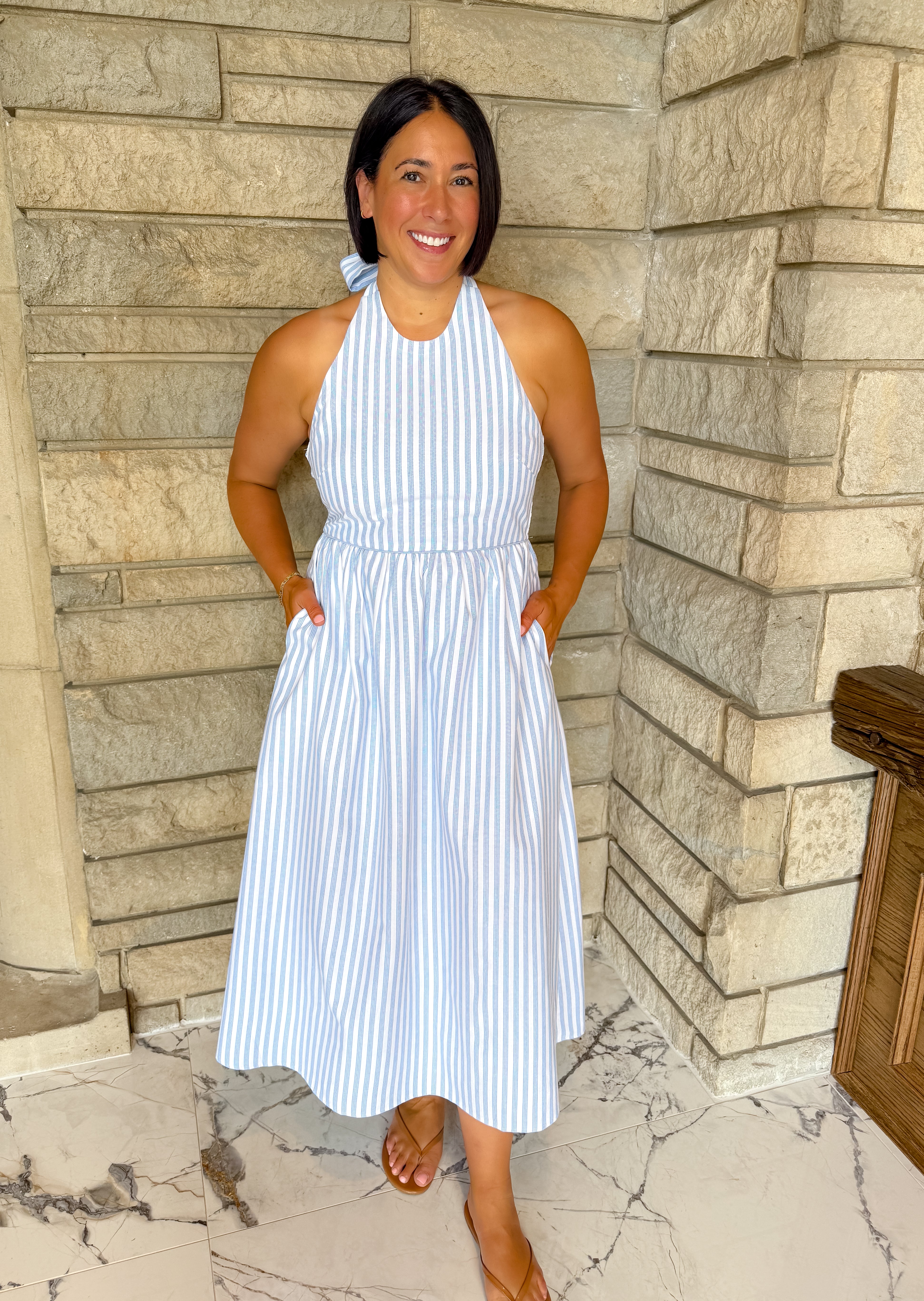 light blue and white vertical stripe halter midi dress tie neck