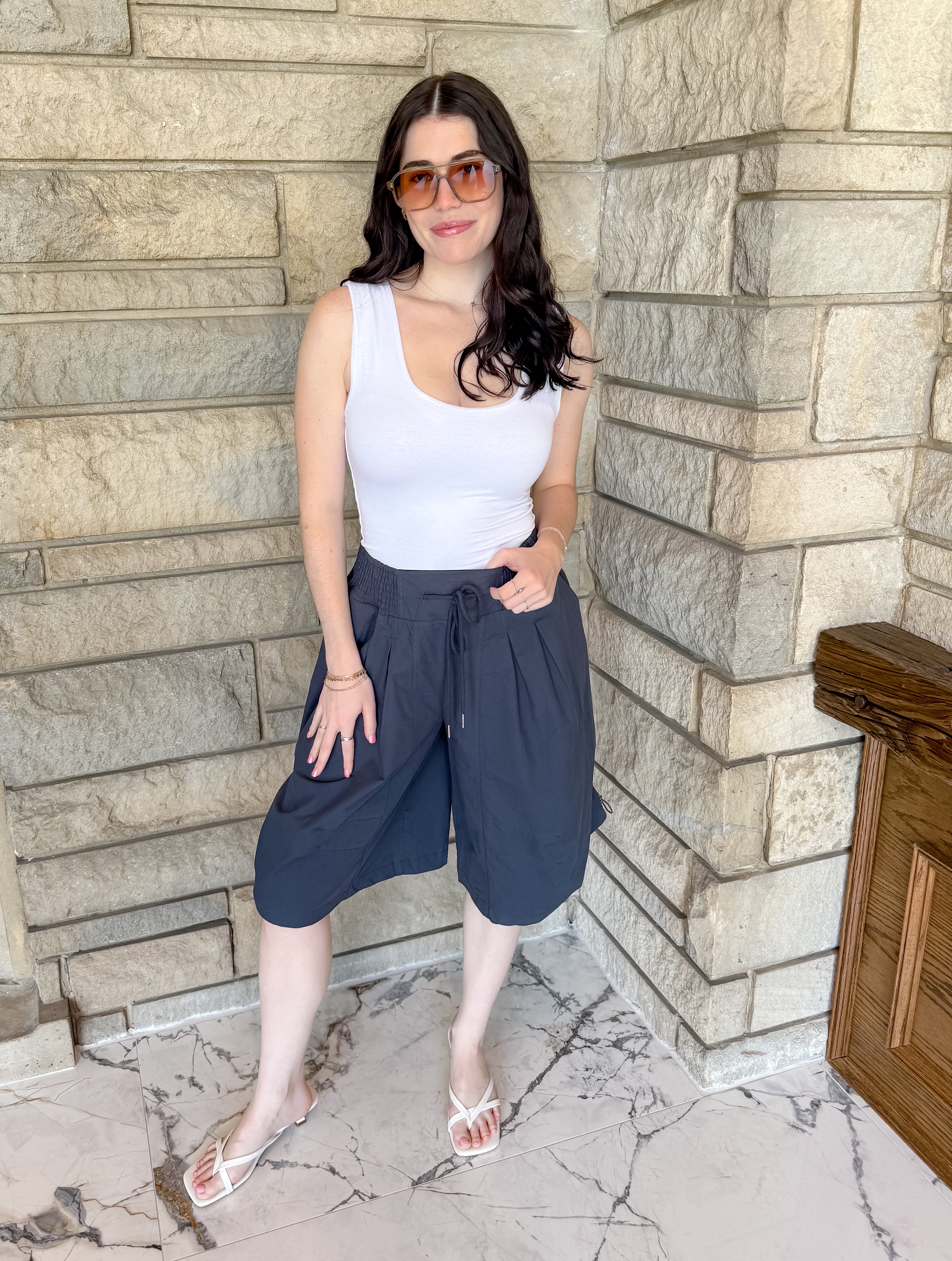 long bermuda shorts side cinching drawstring pleated