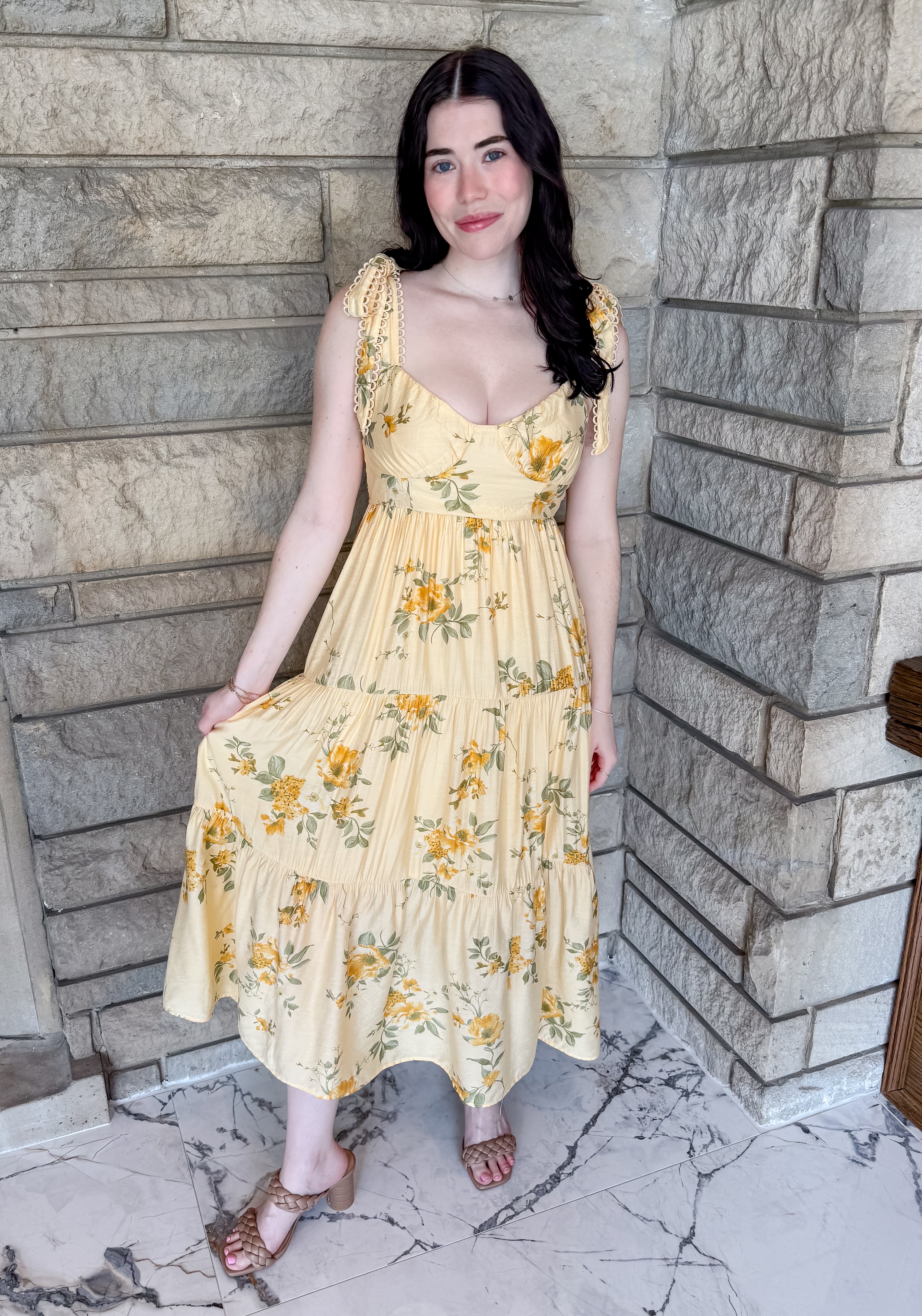yellow floral midi dress die shoulders scallop edges