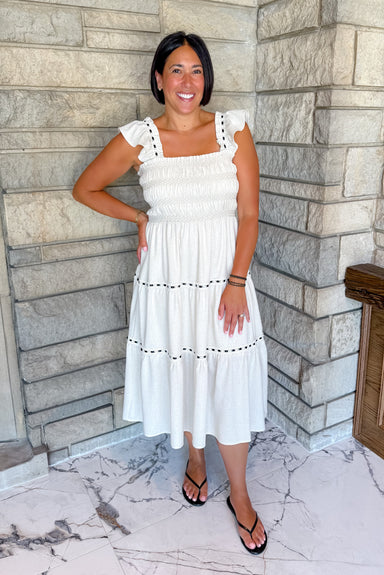 oatmeal dress black ribbon detail ruffle sleeves midi length