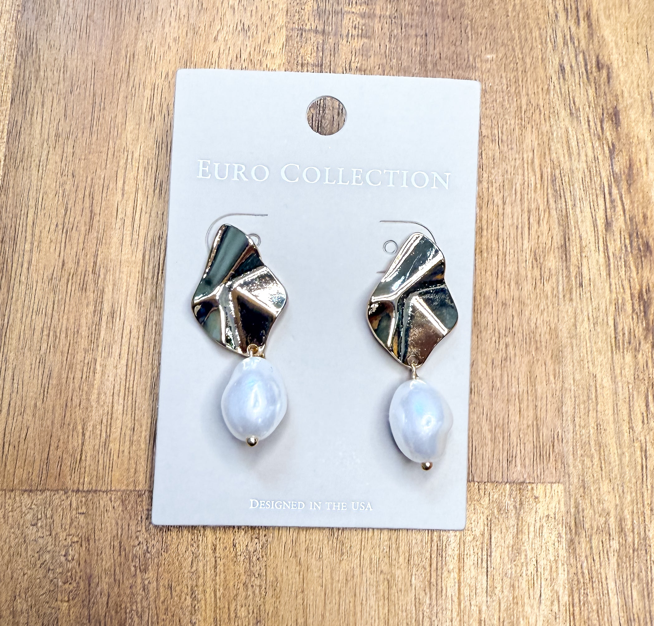 Crinkled Gold Pearl Drop Earrings
