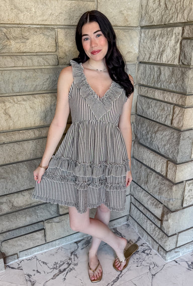 black striped dress ruffle neck tiered skirt