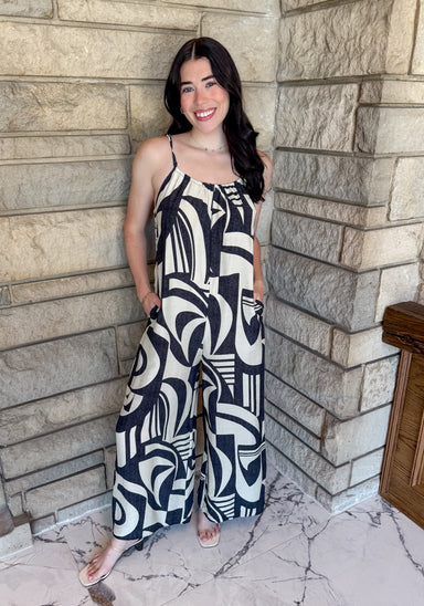 abstract print jumpsuit wide leg strappy back tie