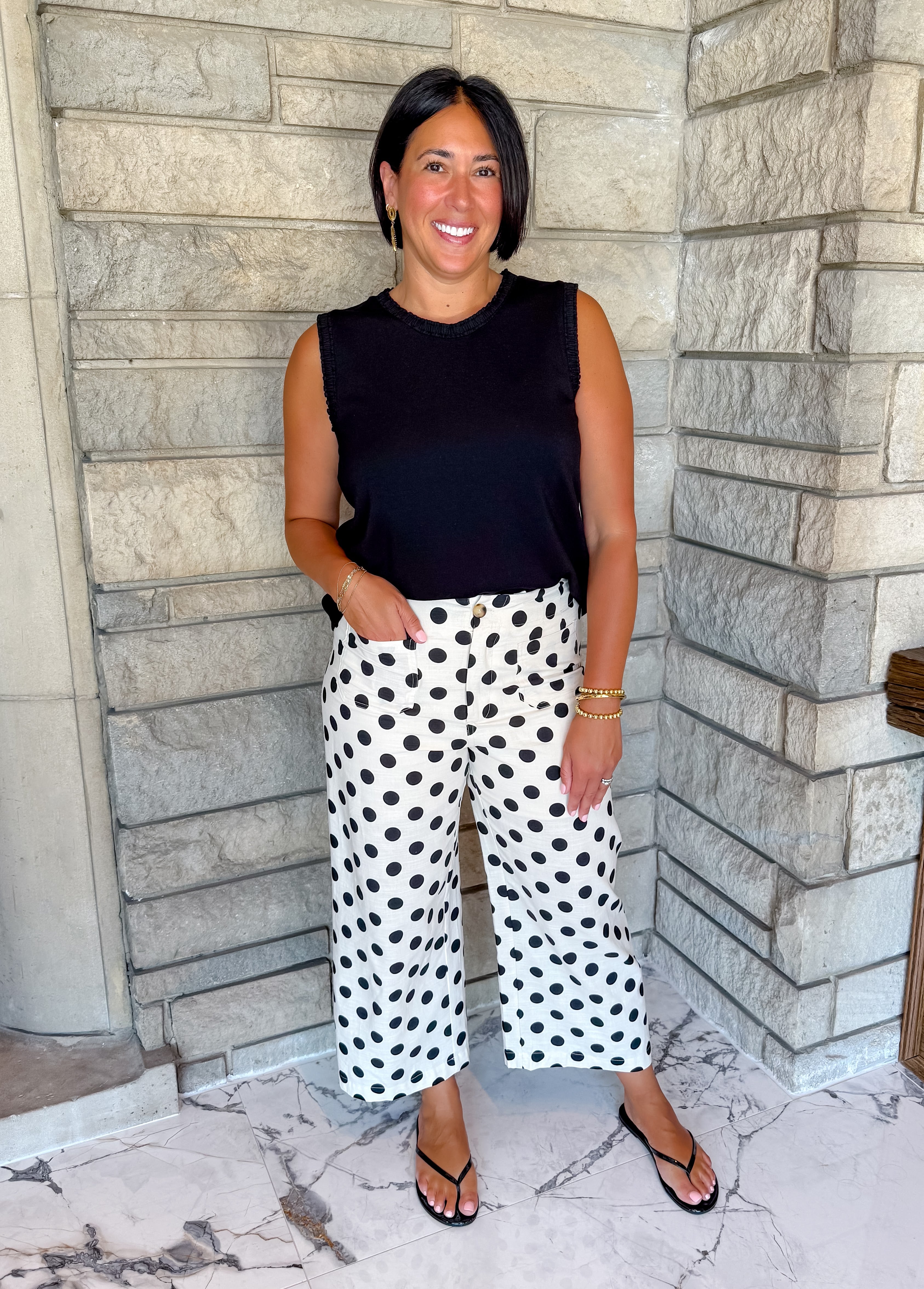 ivory/black polka dot ankle length crop pants front pocket