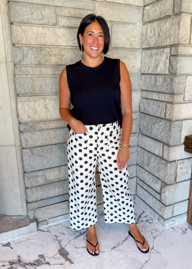 ivory/black polka dot ankle length crop pants front pocket
