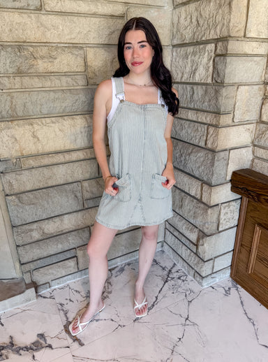 railroad stripe overall dress light blue and white