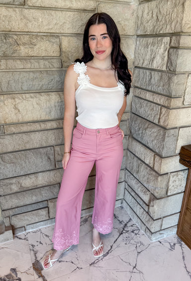 pink wide leg pants embroidered scalloped bottom