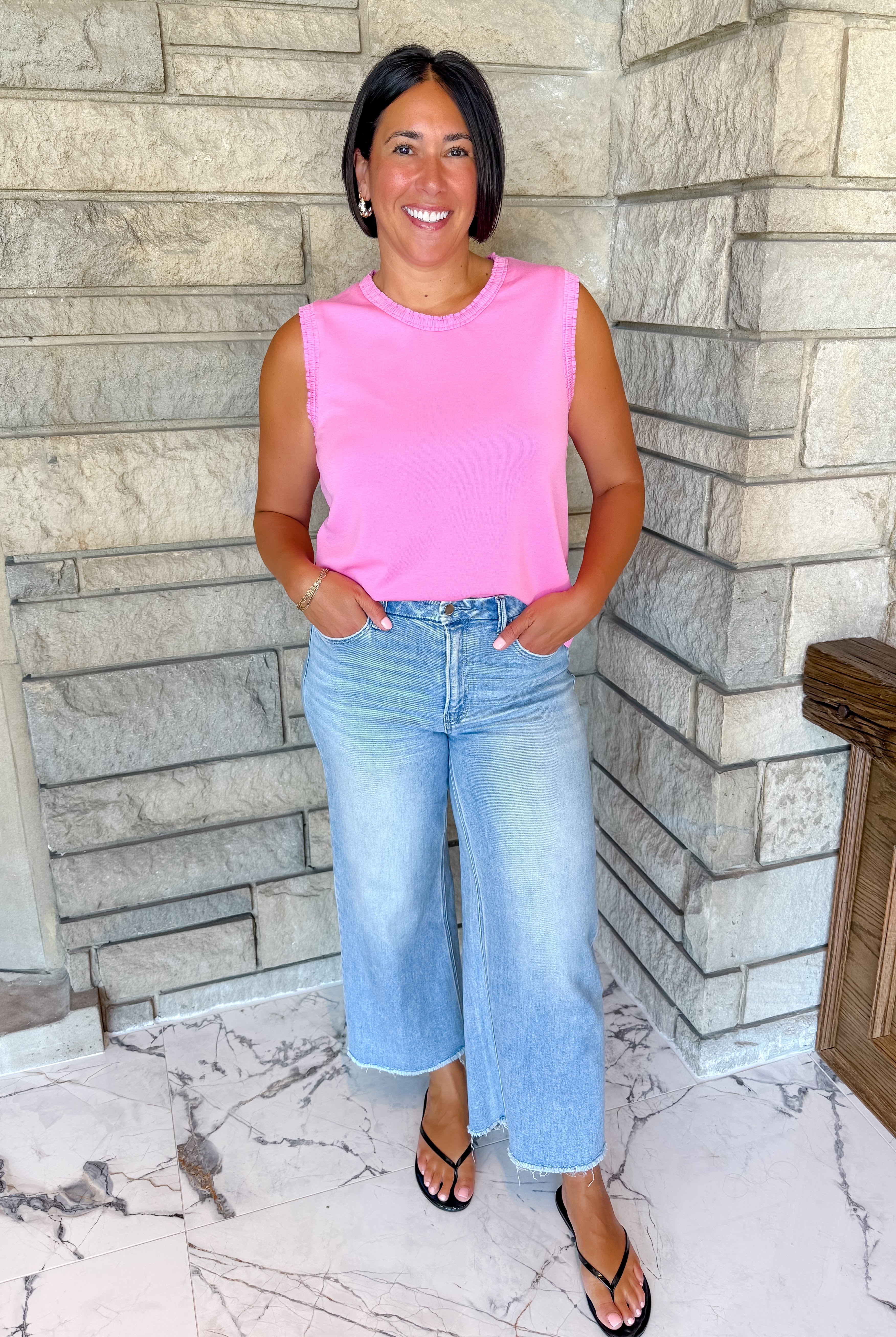 bright pink tank mini ruffle trim