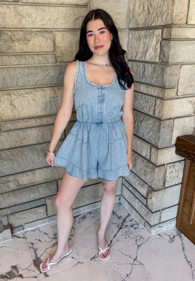light blue chambray denim romper raw trim flowy shorts