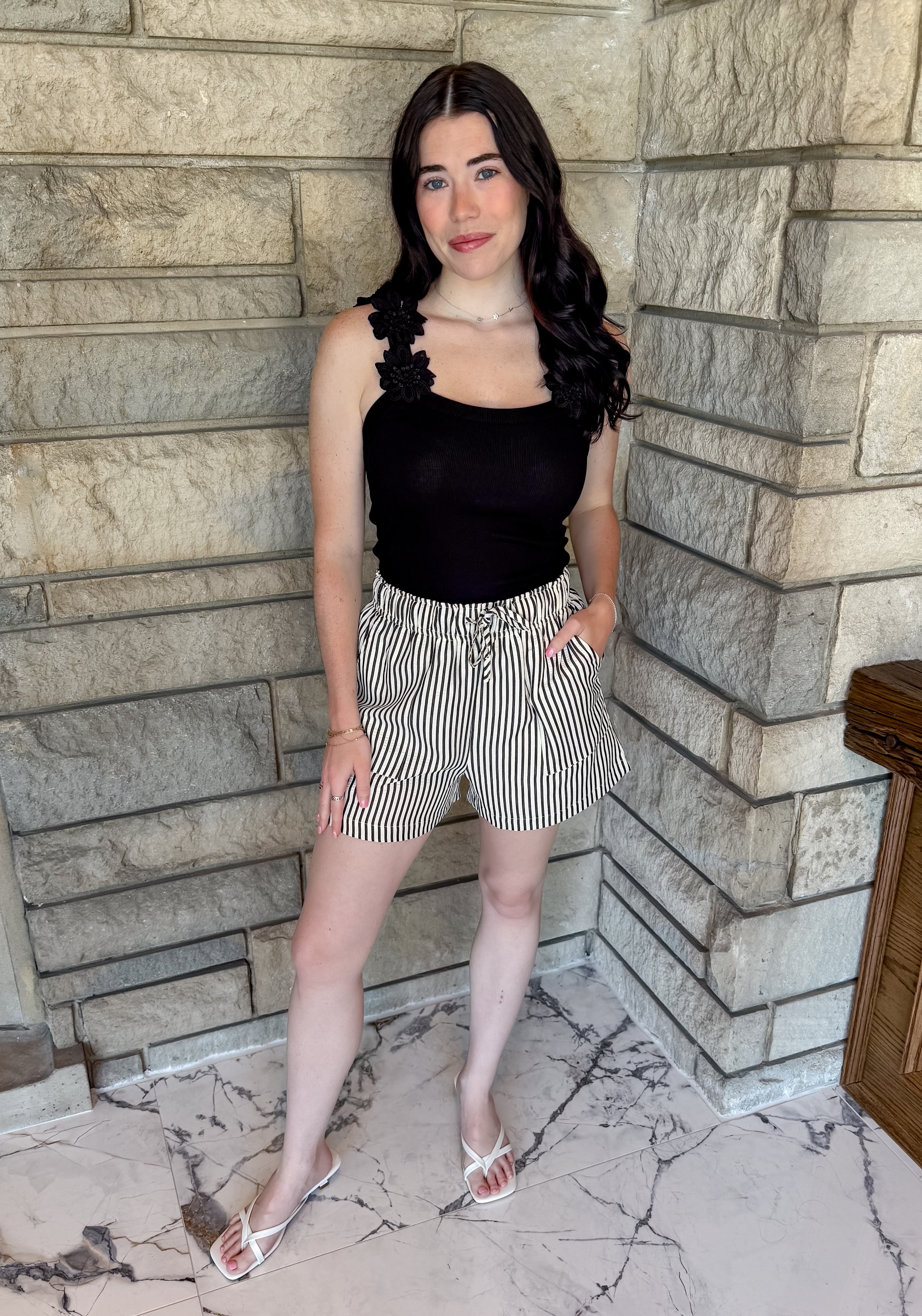 black and white dstiped shorts drawstring