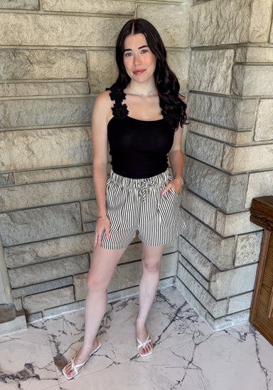 black and white dstiped shorts drawstring