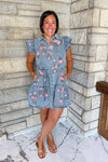 Denim floral snap front dress ruffle sleeves tie belt tiered skirt
