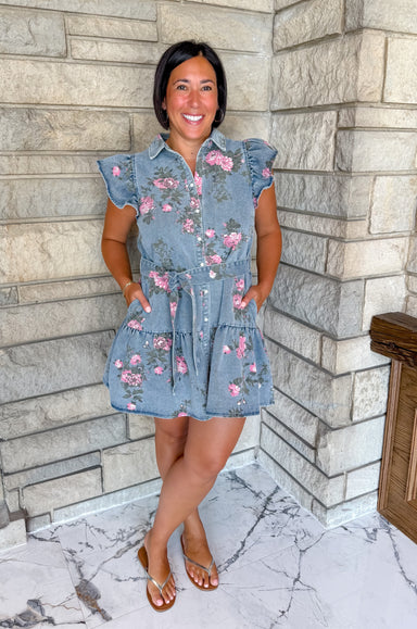 Denim floral snap front dress ruffle sleeves tie belt tiered skirt