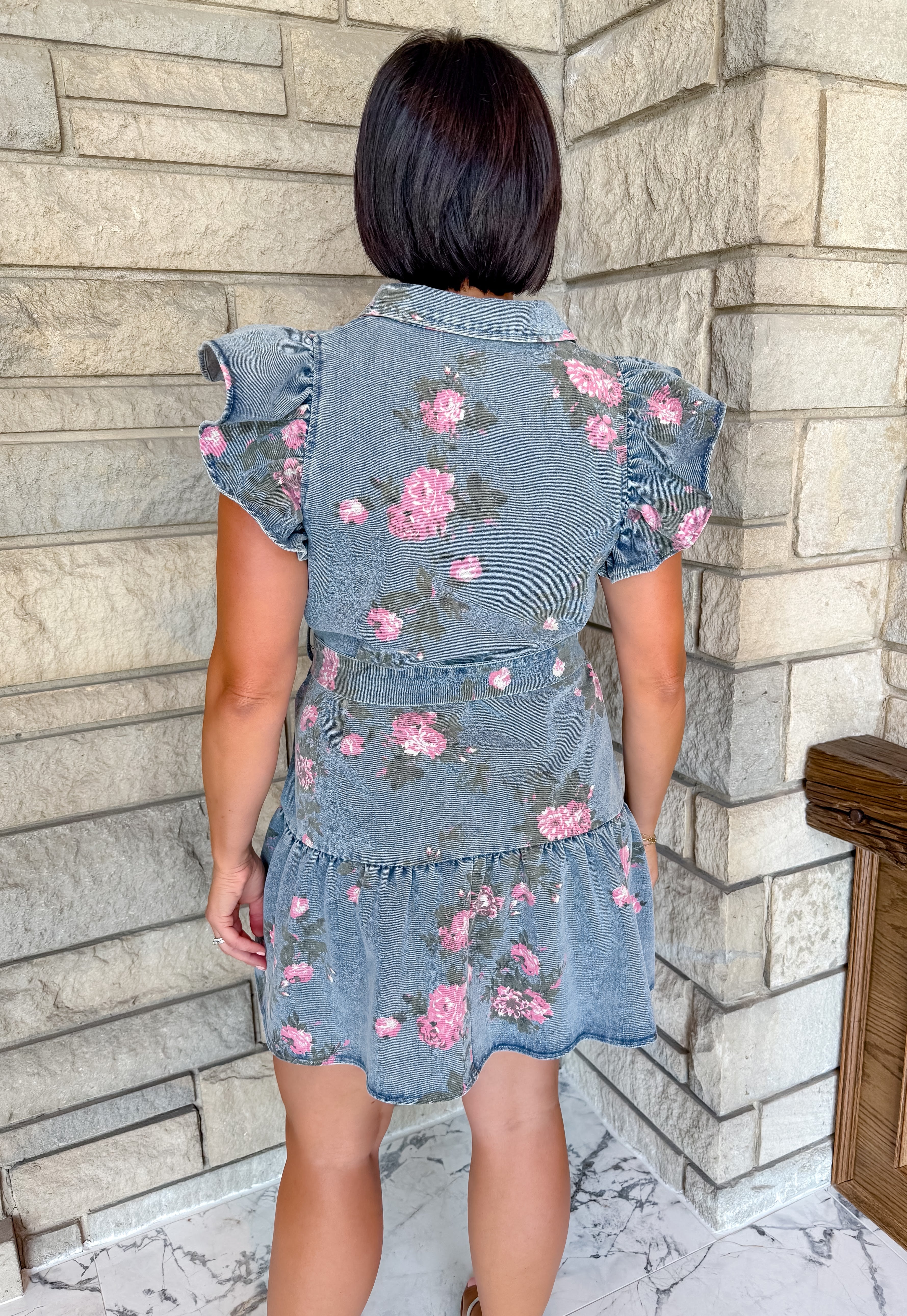 Lacey Floral Denim Tie Dress