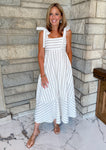 White dress with brown stripes tie straps maxi