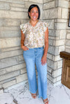 Beige multi color printed sleeveless blouse ruffle sleeves button front