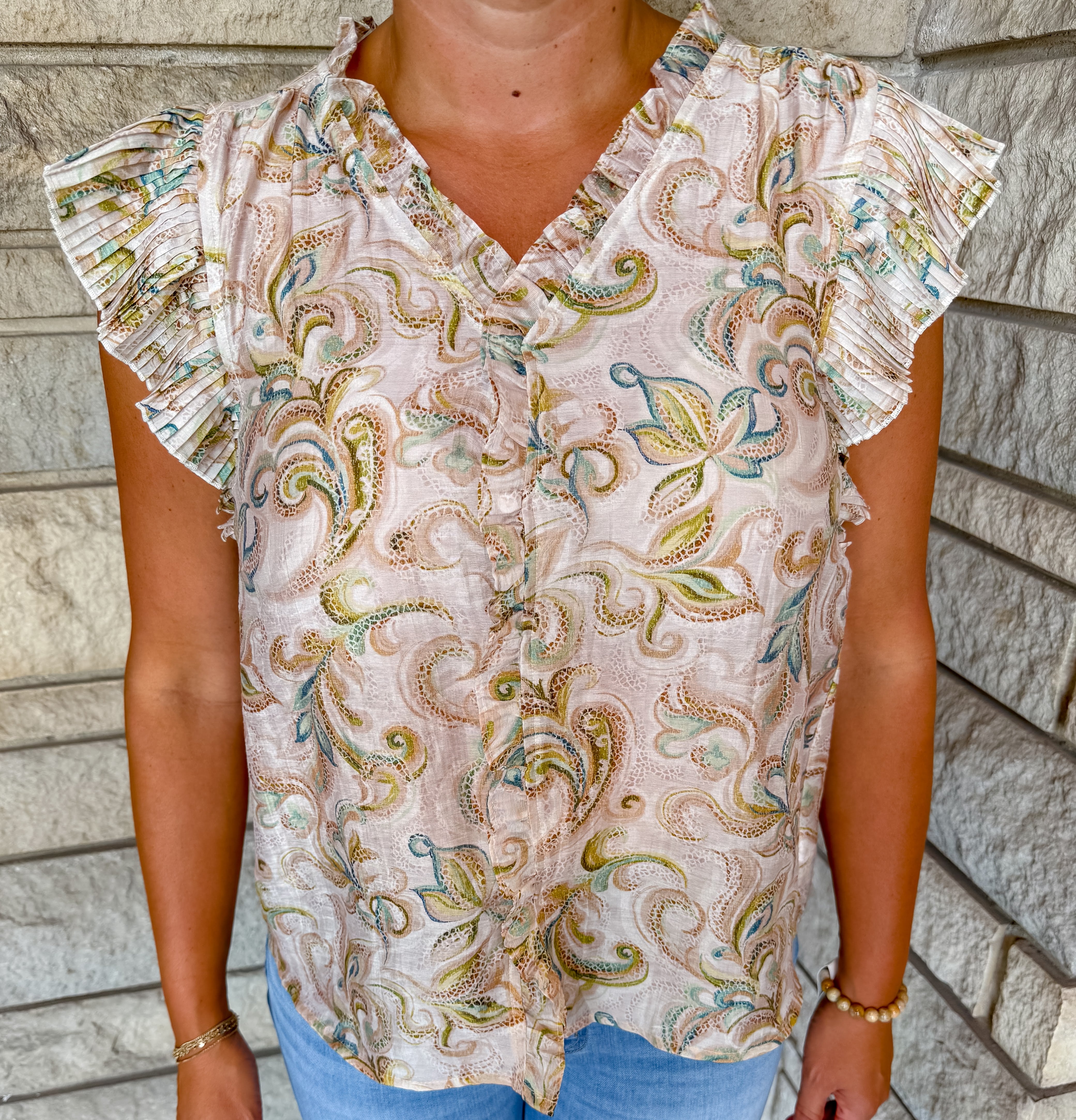 Raven Pleated Sleeve Paisley Top