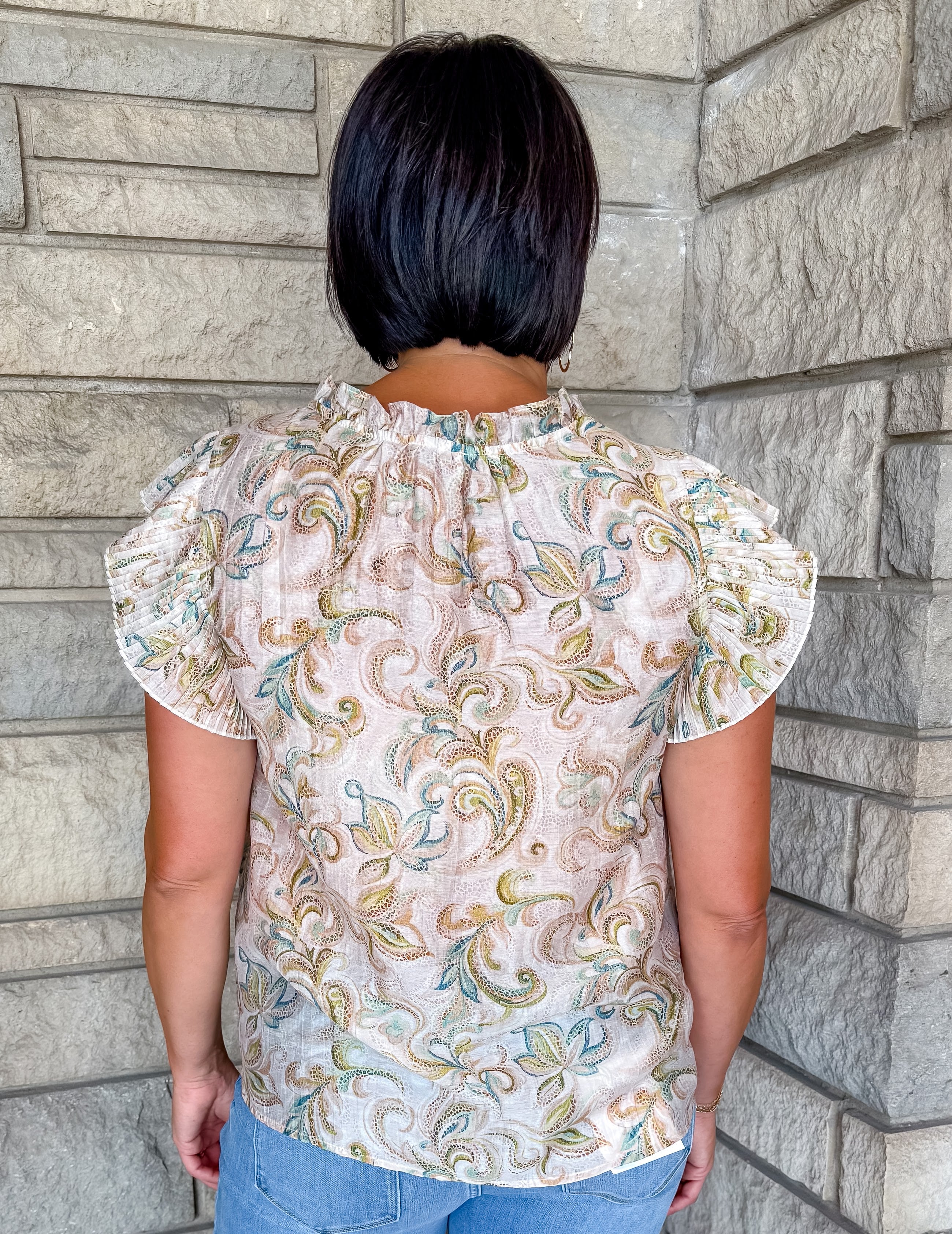 Raven Pleated Sleeve Paisley Top