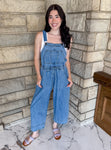 denim overalls with elastic waist and drawstring open back with tie