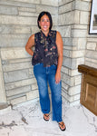 black sleeveless button floral blouse with tie neck