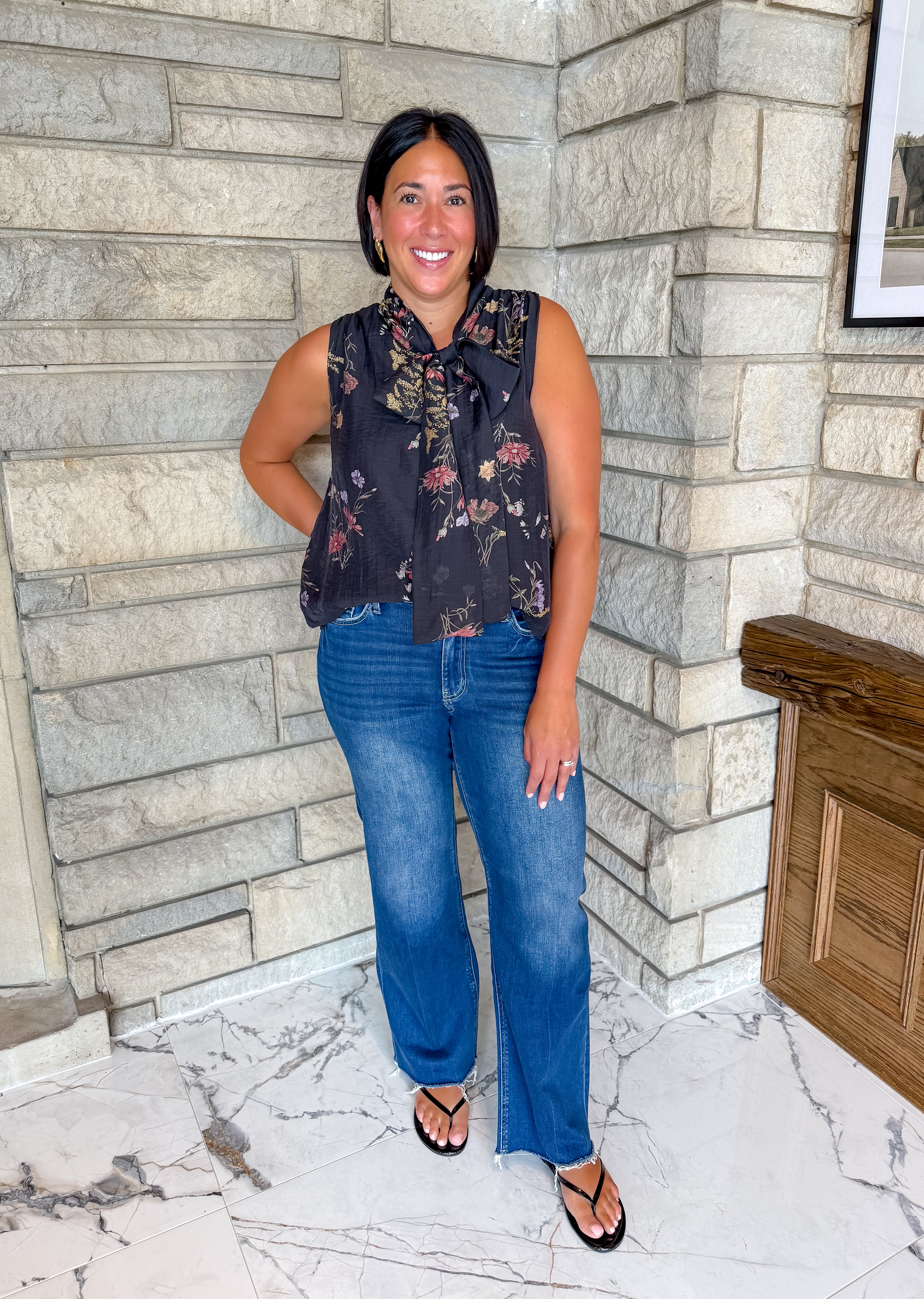 black sleeveless button floral blouse with tie neck