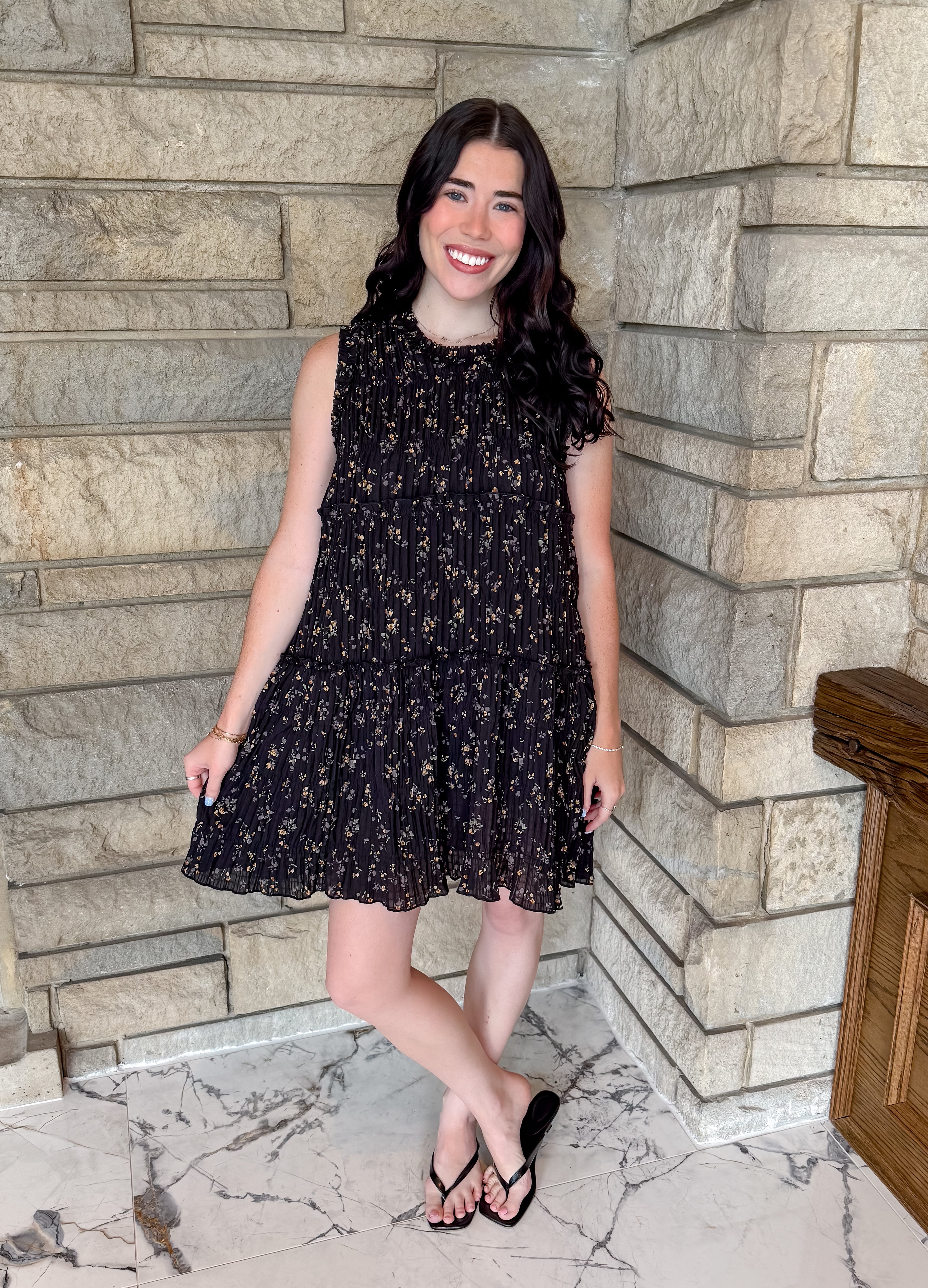 black mini floral print short dress with elastic smocking and tiers with mini ruffles