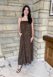 brown and black leopard maxi dress spaghetti straps elastic smocking neckline