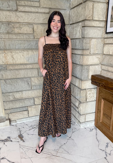 brown and black leopard maxi dress spaghetti straps elastic smocking neckline