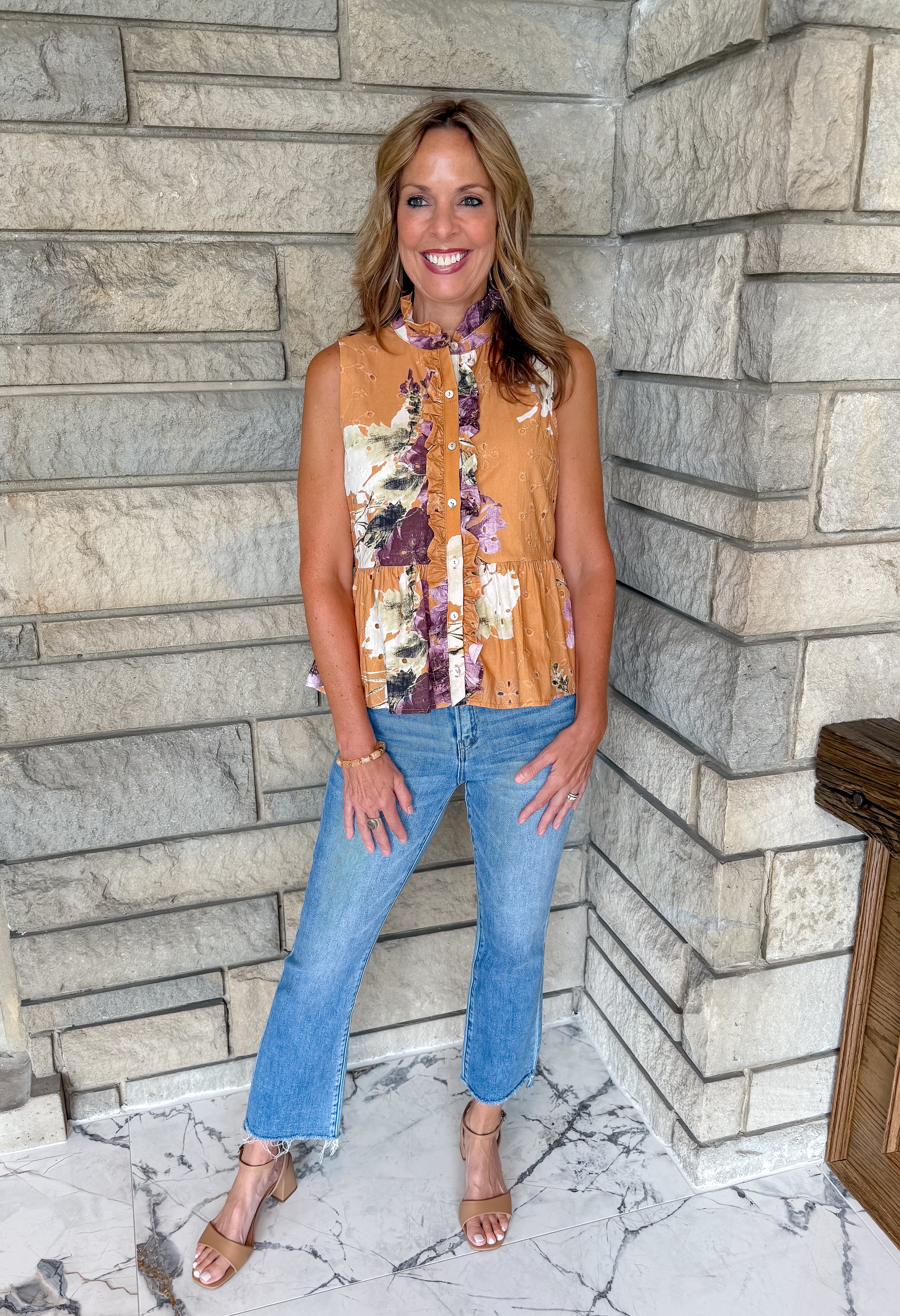 pumpkin peplum top with flower print, buttons and mini ruffle trim sleeveless