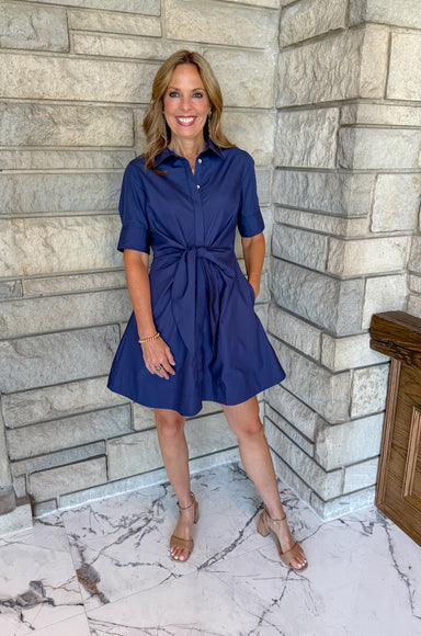 navy button shirt dress with self tie waist and a line short skirt