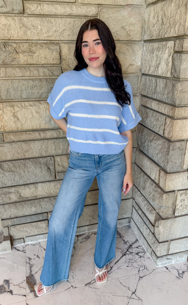 light blue lightweight knit sweater with white stripes