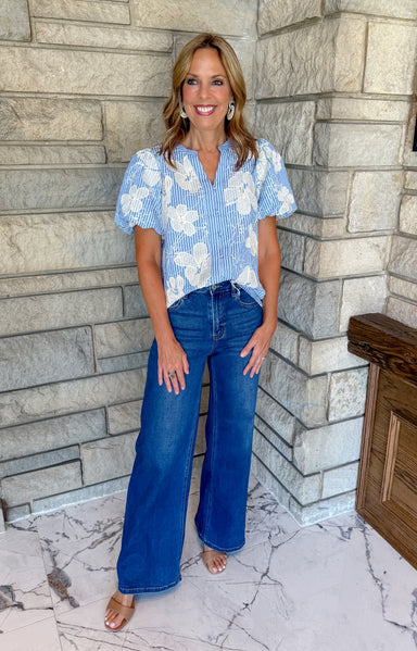 light blue seersucker stripe puff sleeve top white floral embroidery 