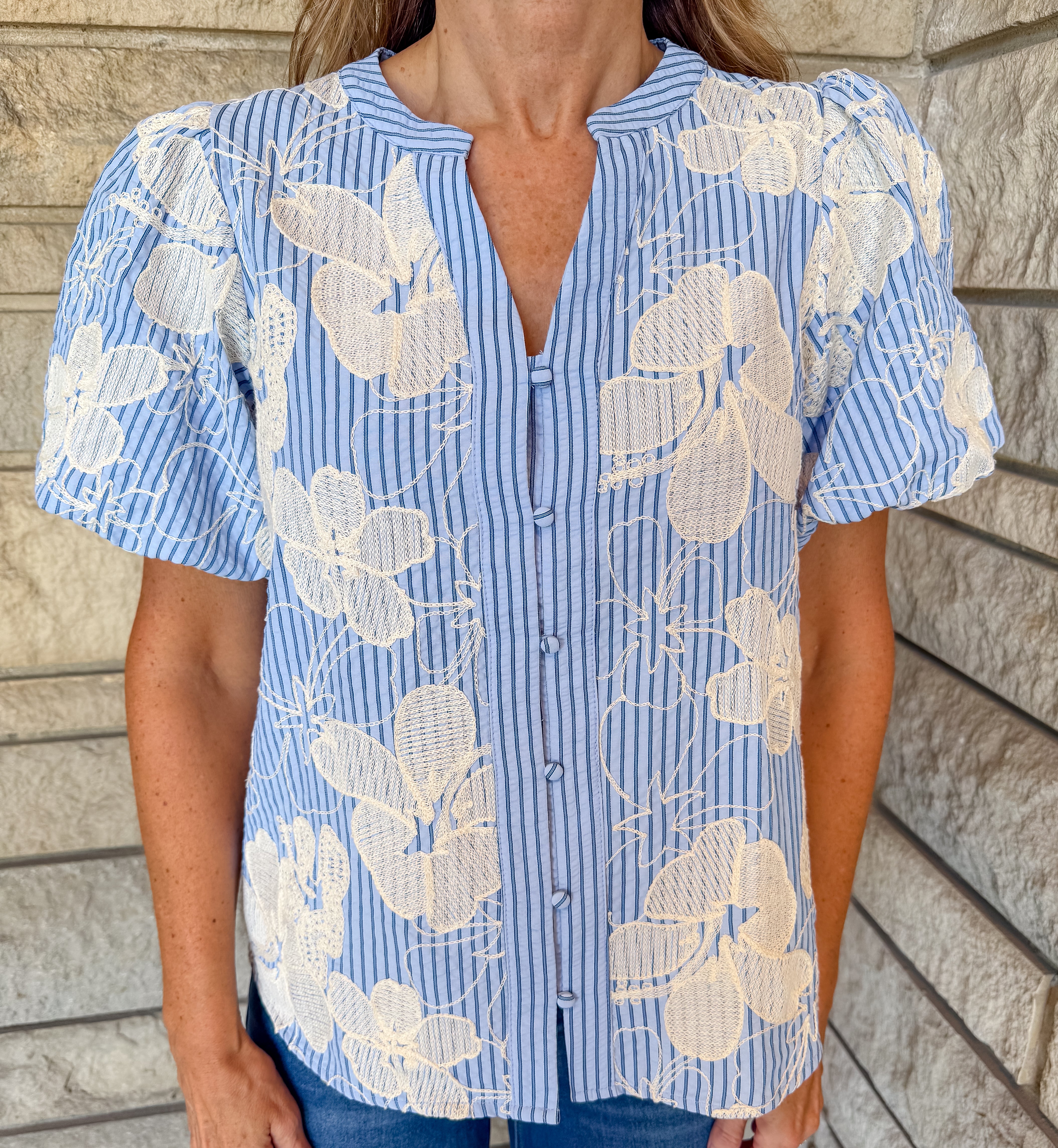 Gwendolyn Floral Embroidered Striped Top