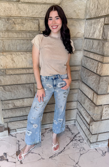 light blue wide ankle jeans with floral print