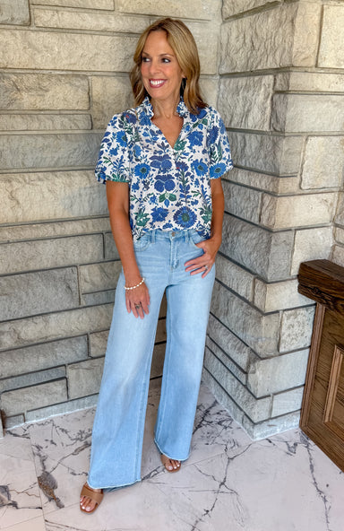 blue floral print v neck top short bubble sleeves