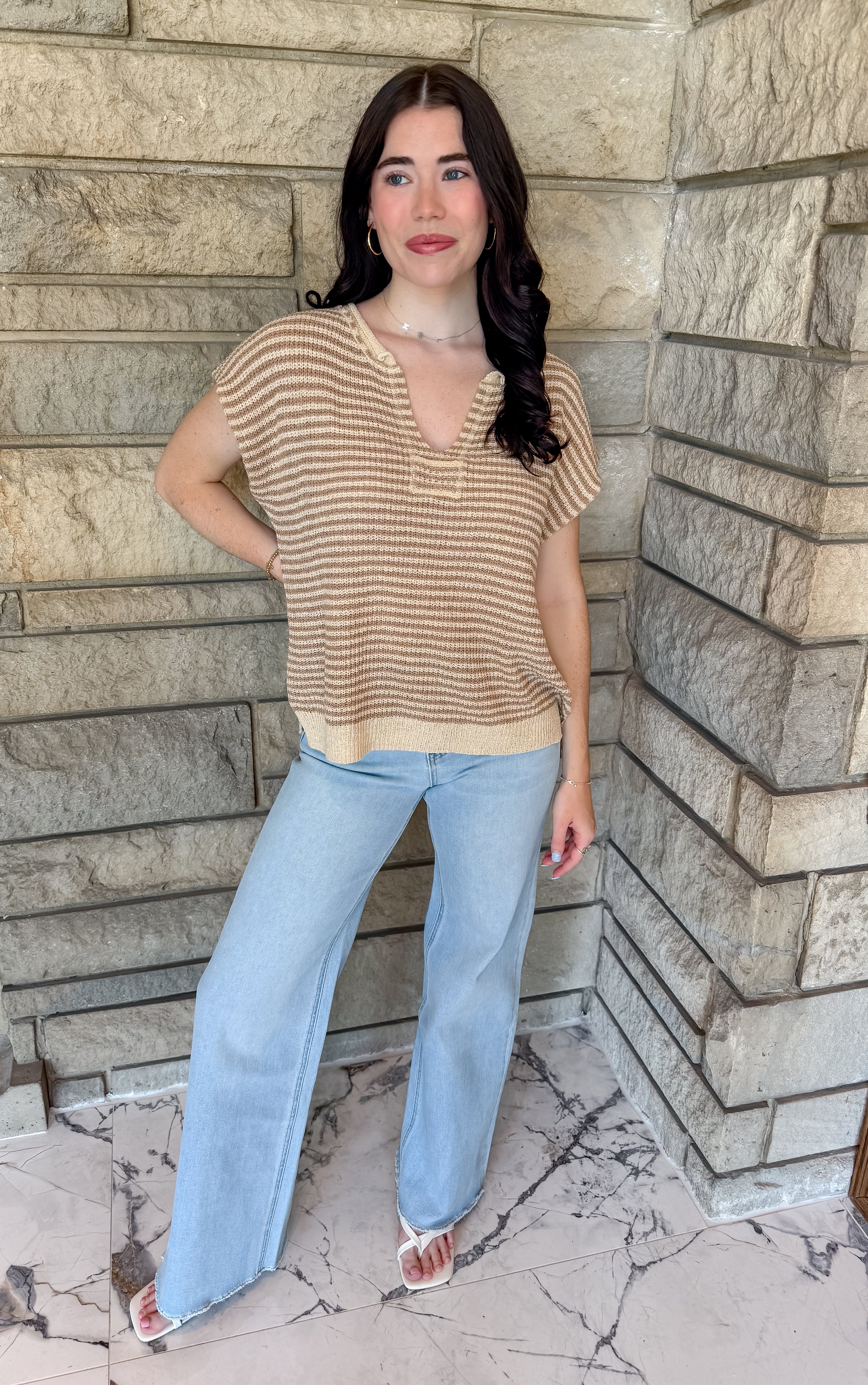 Taupe/Brown striped lightweight knit top split v neck and cap sleeves