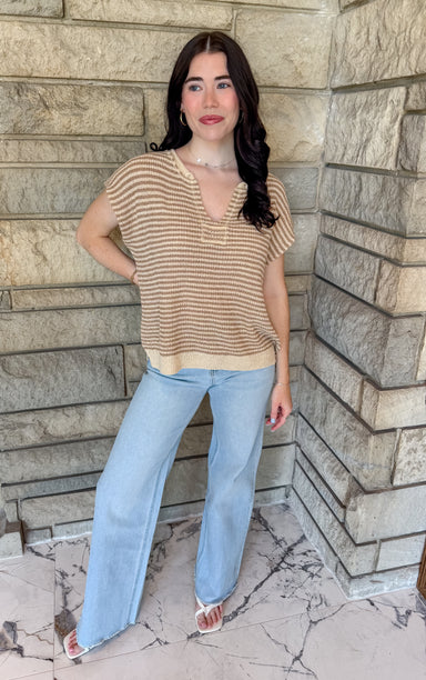 Taupe/Brown striped lightweight knit top split v neck and cap sleeves