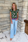 dark green sleeveless blouse with floral print ruffle sleeves and striped elastic band hem 