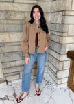 camel short swing coat with brown buttons and stand collar