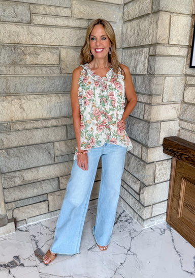 off white flowy tank with peach and green flowers ruffle trim chiffon