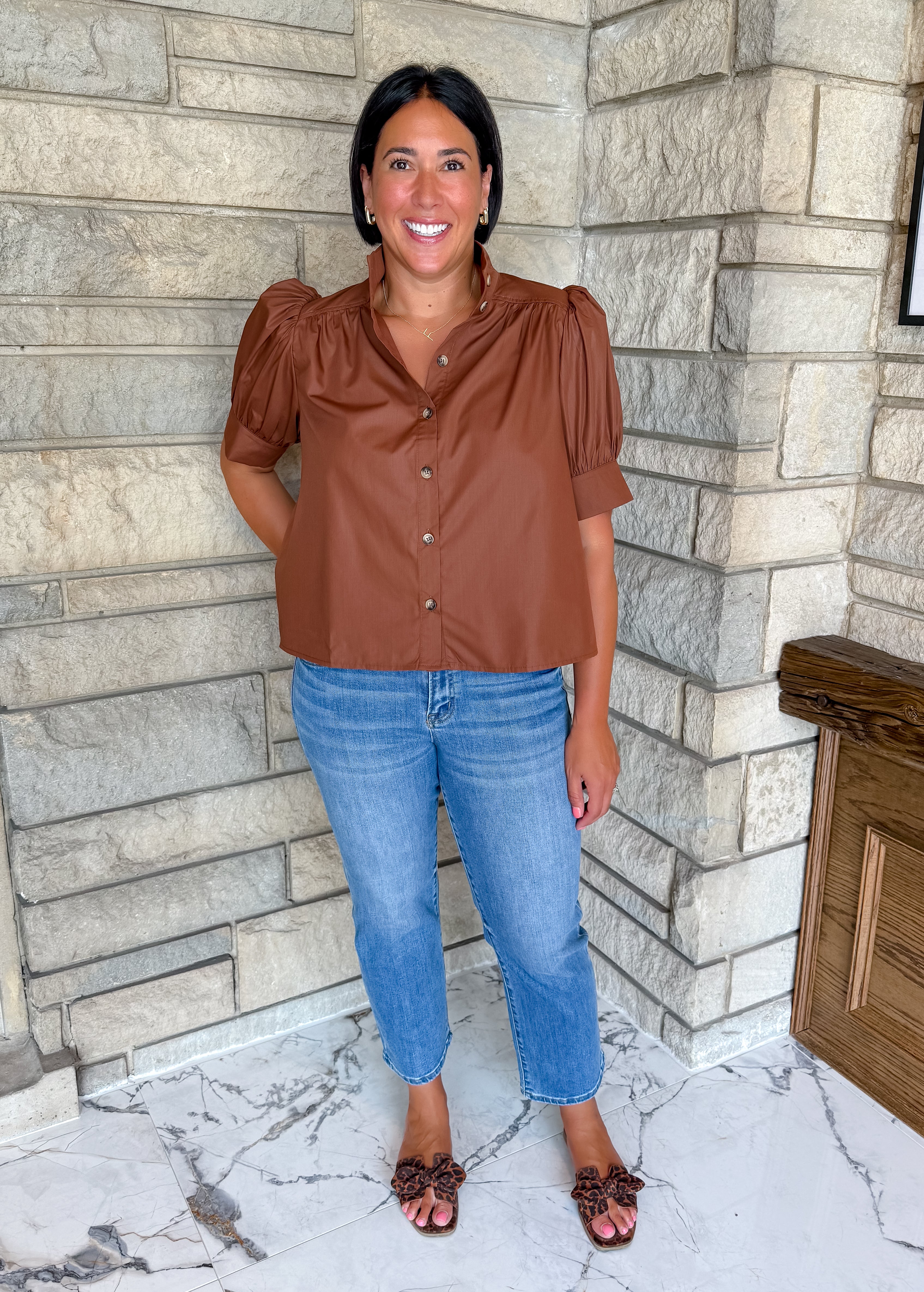 Camel brown button top with stand collar and short puff sleeves with cuffs
