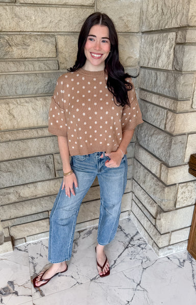 Camel short sleeve sweater with ivory polka dots shorter length boxy fit