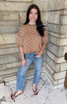 Camel short sleeve sweater with ivory polka dots shorter length boxy fit