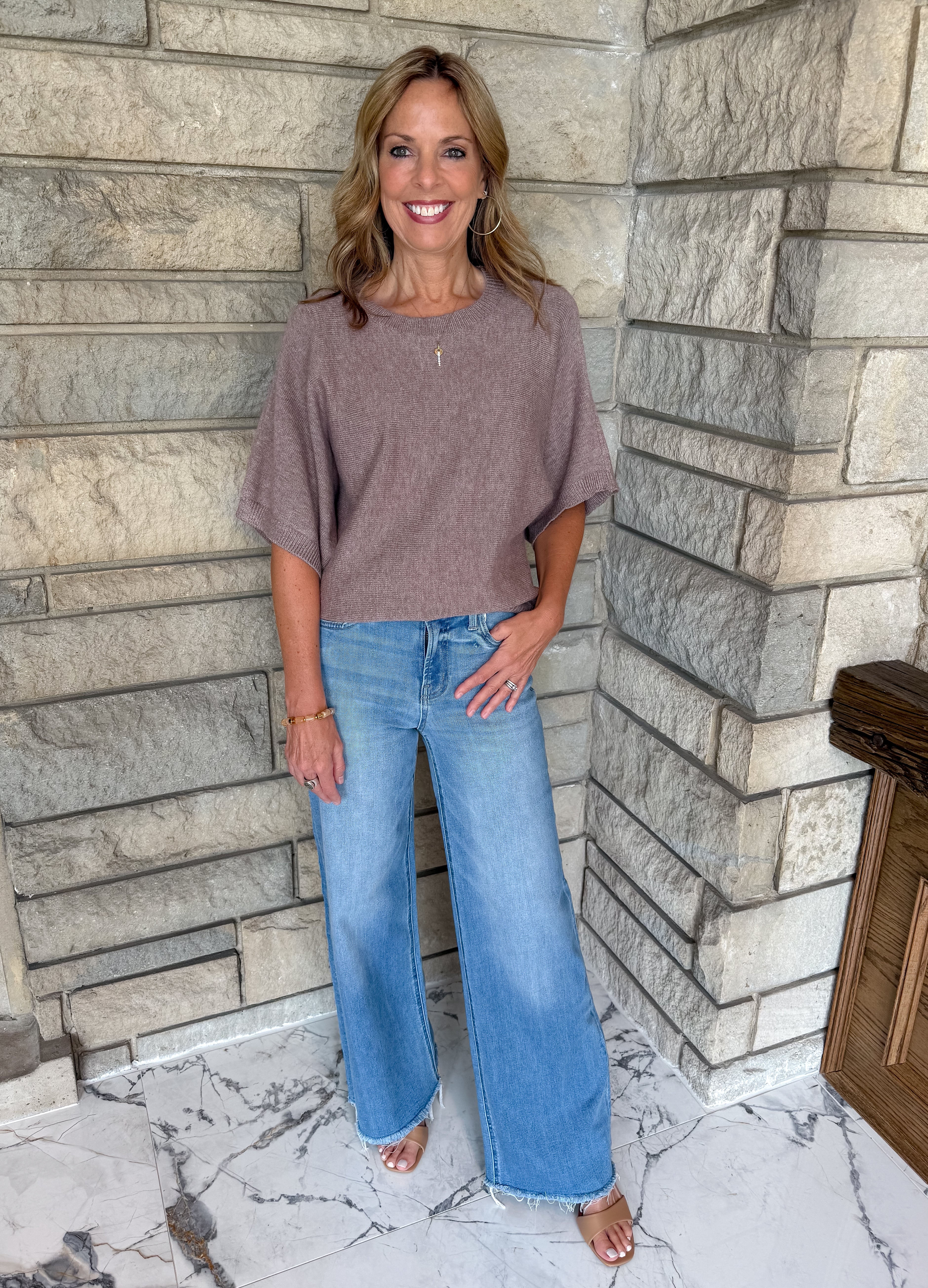 mocha color crew neck dolman short sleeve lightweight sweater 