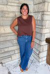 Brown sleeveless tank with smocked trim