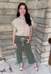 olive ankle length jeans slim wide leg natural color drawstring belt