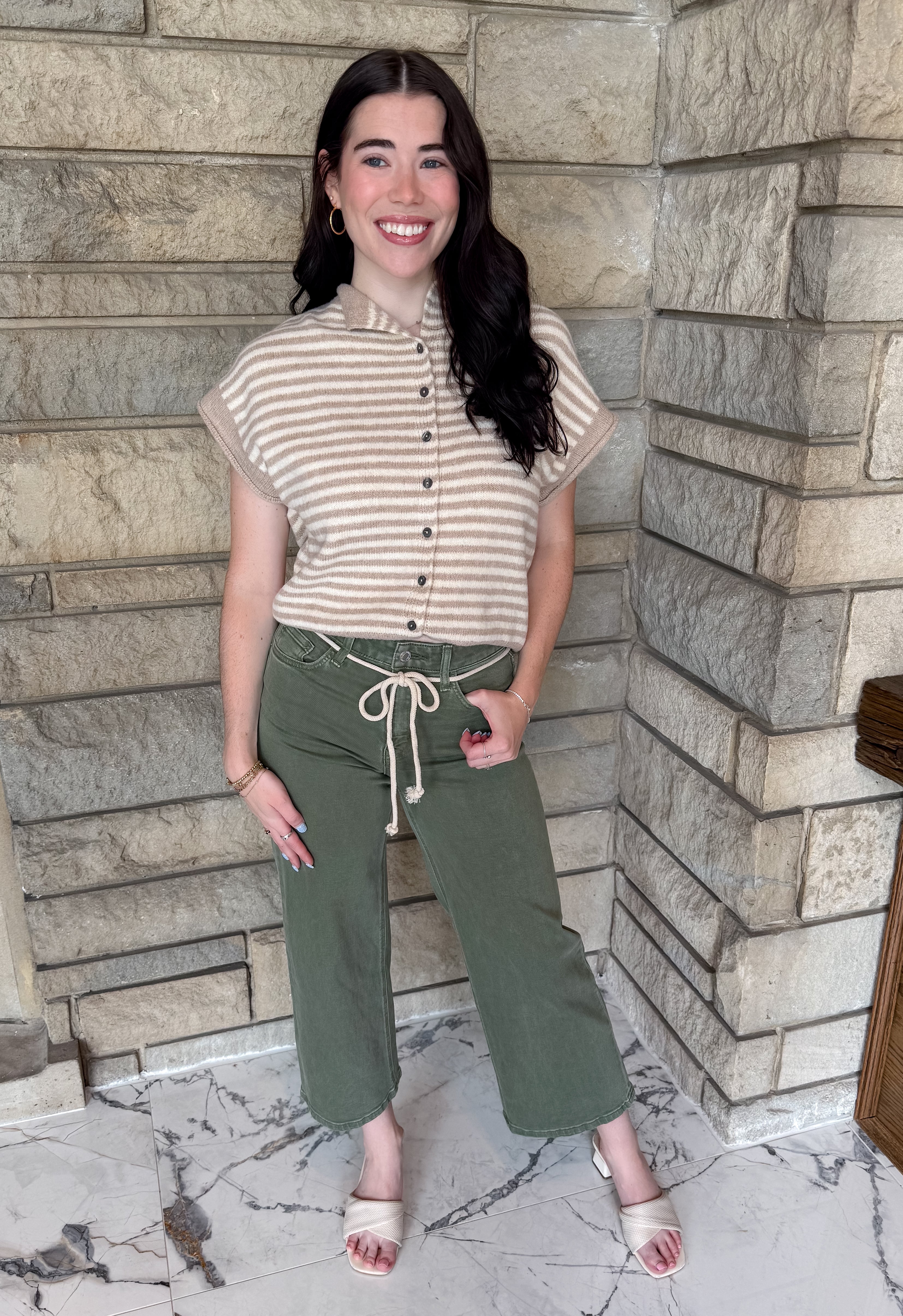 olive ankle length jeans slim wide leg natural color drawstring belt