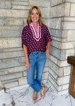 wine loose top with pink polka dots and pink trim short dolman sleeves with elastic cuff loose flowy fit
