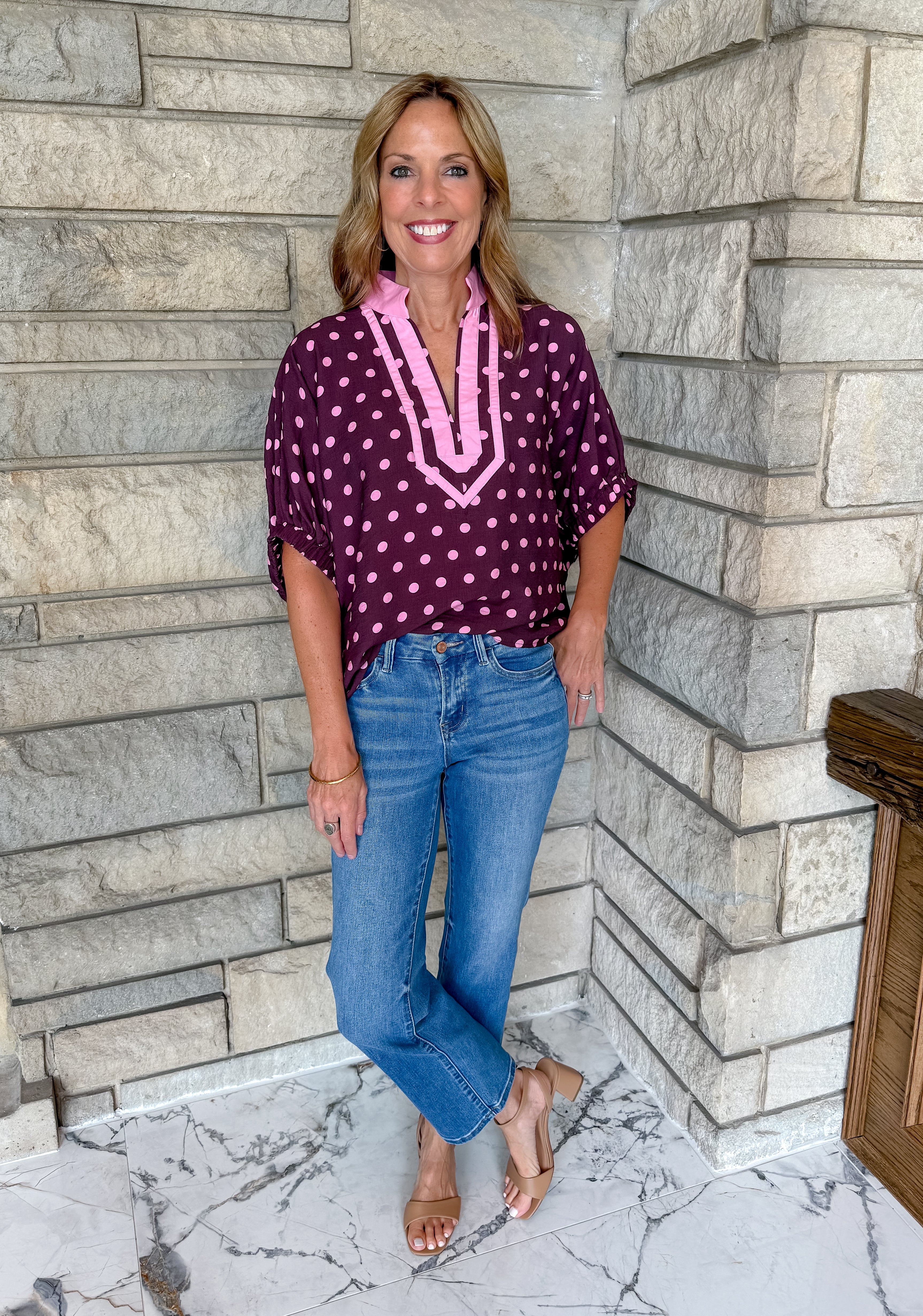 wine loose top with pink polka dots and pink trim short dolman sleeves with elastic cuff loose flowy fit